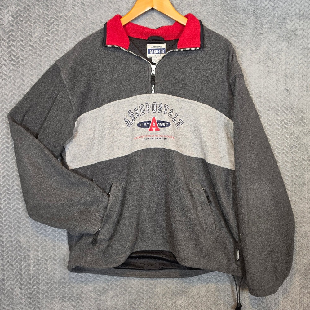 Aeropostale Aero-Tec Fleece Pullover Mens Medium Grey Red Quarter Zip Vintage